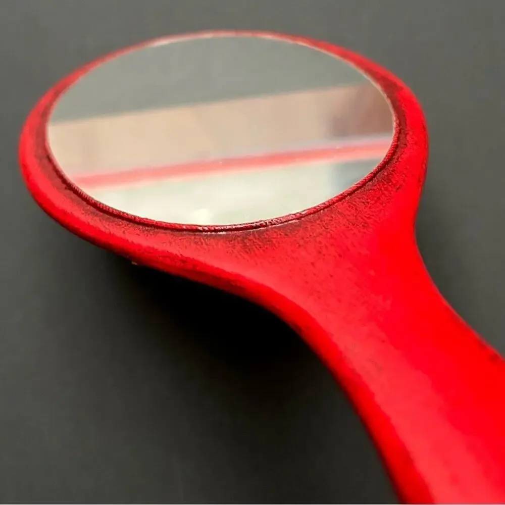 Rare Vintage 1960s Red Wooden Handmade Decorative Hand Mirror, Artist Signed